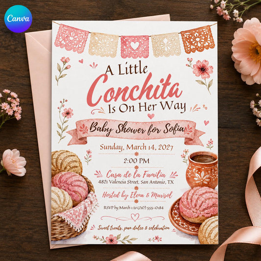 Pink Mexican Baby Shower Invitation — editable Canva template