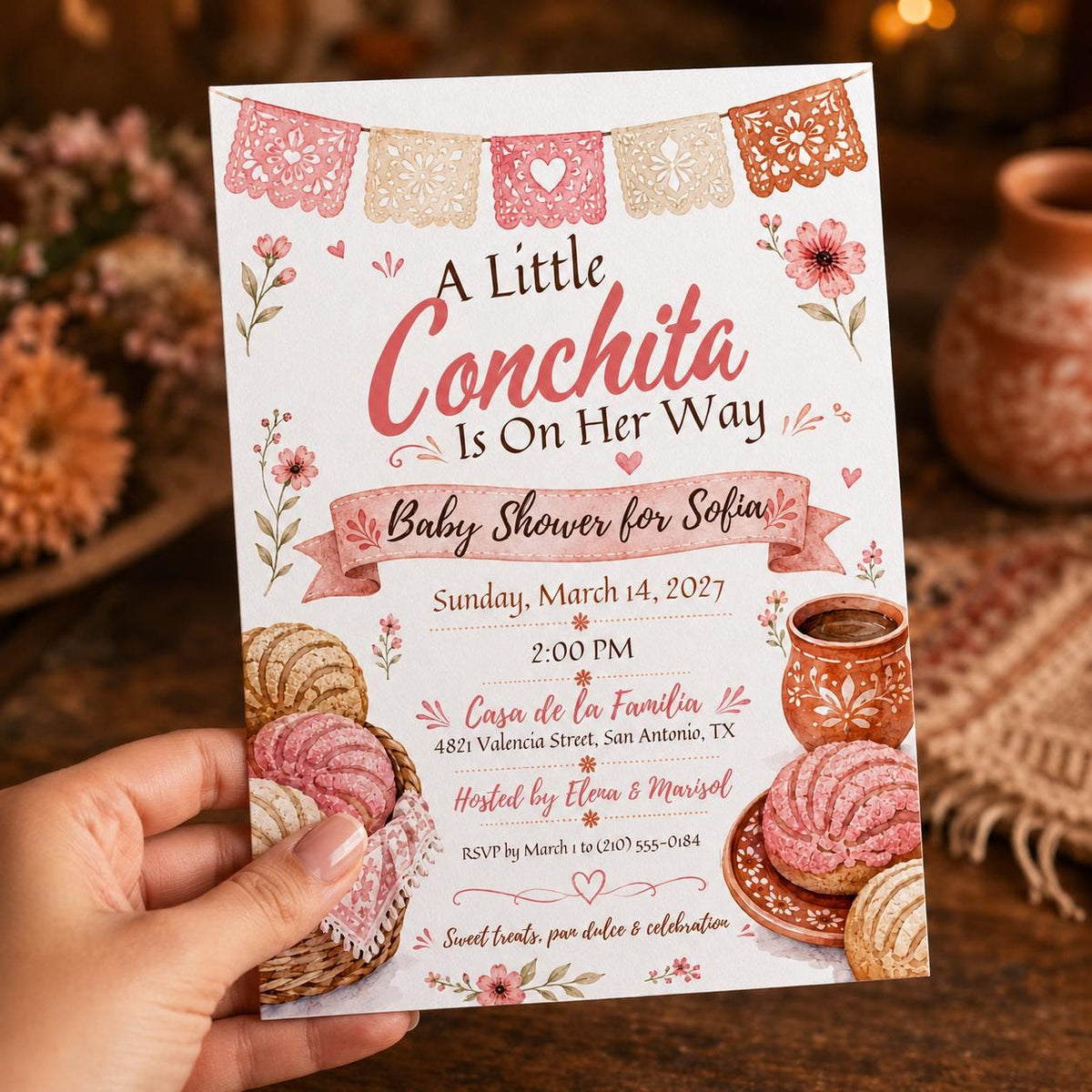 Pink Mexican Baby Shower Invitation — invitation you personalize in Canva
