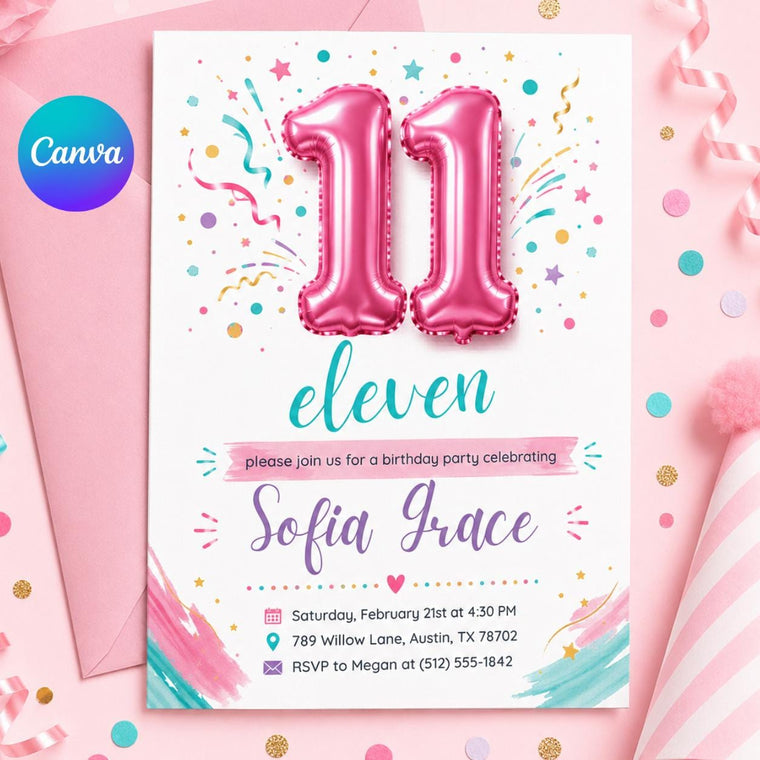 Pink Minimalist 11th Birthday Invitation for Girls