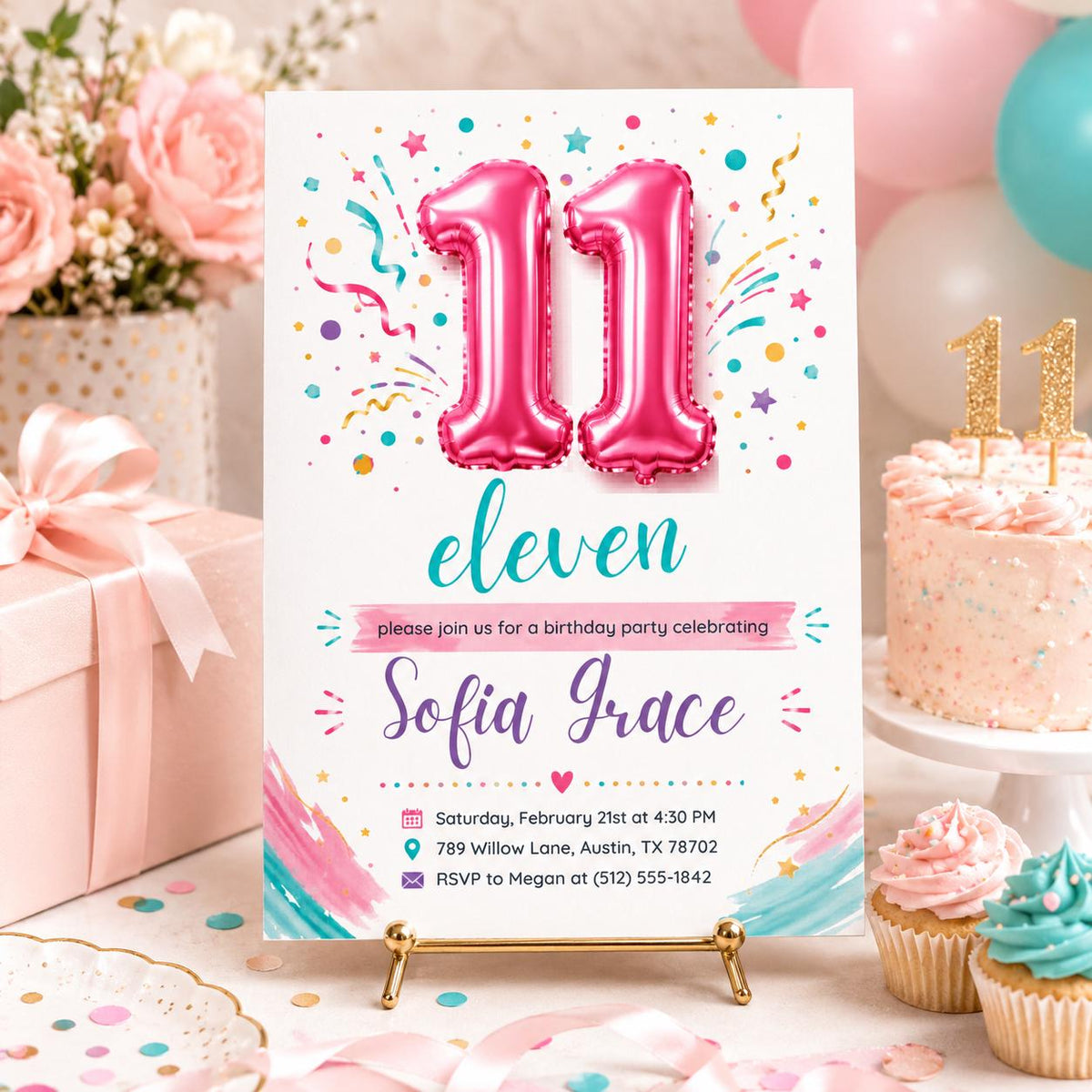 Pink Minimalist 11th Birthday Invitation for Girls — balloon design