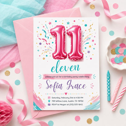 Pink Minimalist 11th Birthday Invitation for Girls — invitation you personalize in Canva