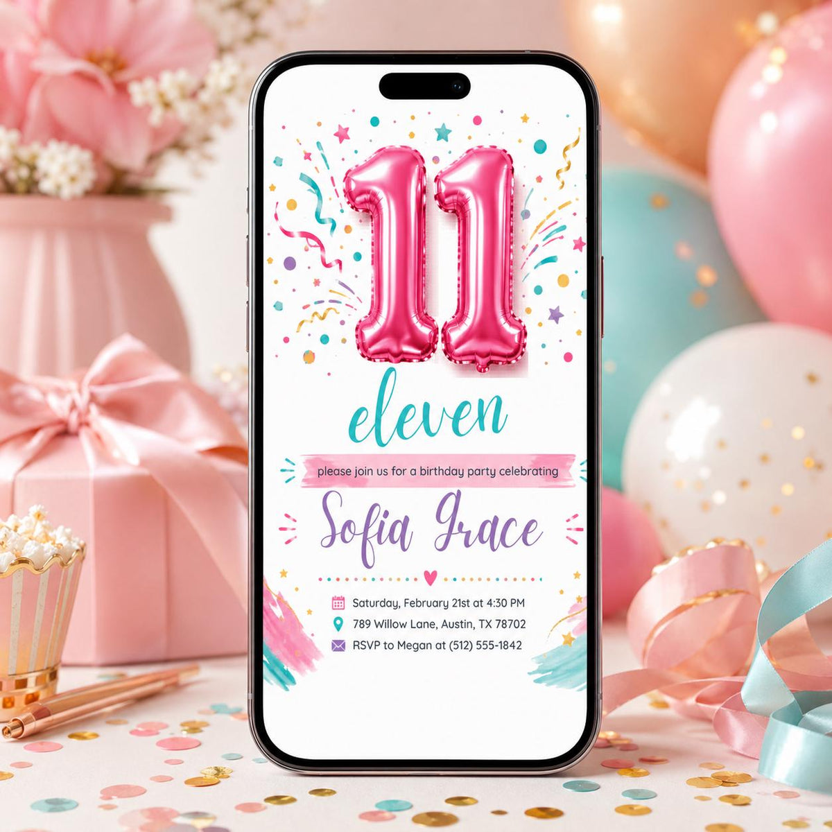 Pink Minimalist 11th Birthday Invitation for Girls — glitter 11th birthday party design