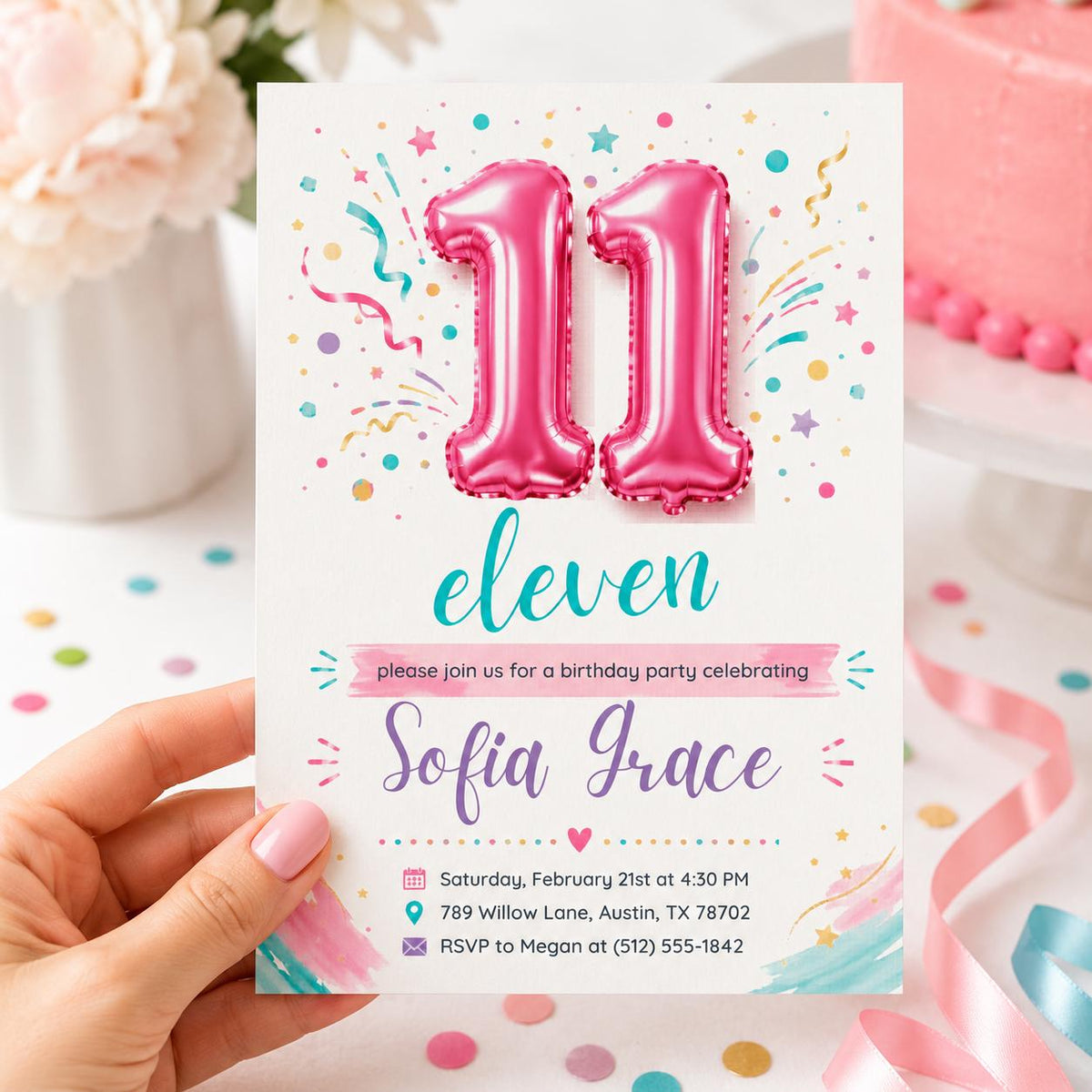 Pink Minimalist 11th Birthday Invitation for Girls — print-ready 11th birthday party design from VoltBy