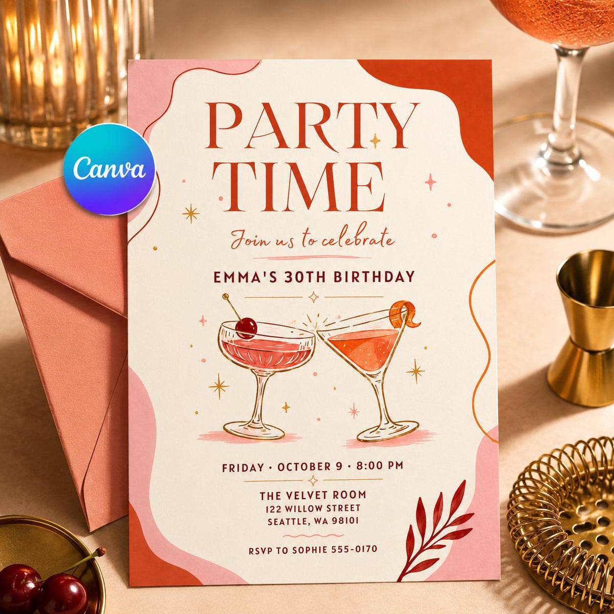 Pink Minimalist 30th Birthday Invitation: Cocktail Party for Her Modern Minimal — editable Canva template