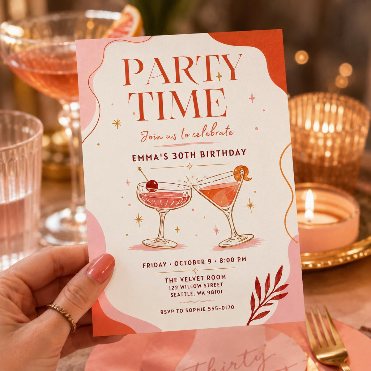 Pink Minimalist 30th Birthday Invitation: Cocktail Party for Her Modern Minimal — print-ready 30th birthday party design