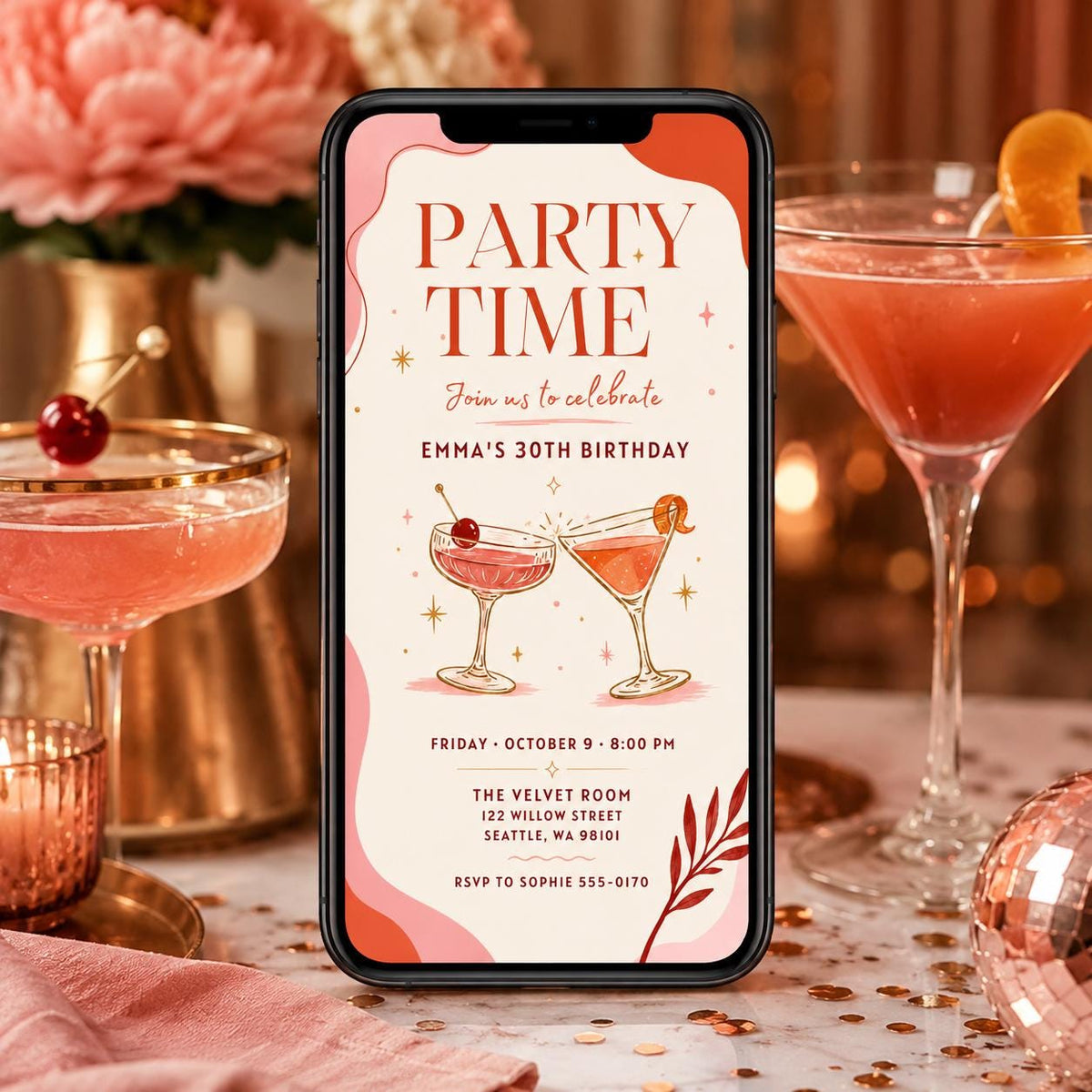 Pink Minimalist 30th Birthday Invitation: Cocktail Party for Her Modern Minimal — digital invitation, instant download