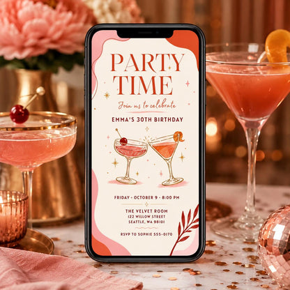 Pink Minimalist 30th Birthday Invitation: Cocktail Party for Her Modern Minimal — digital invitation, instant download