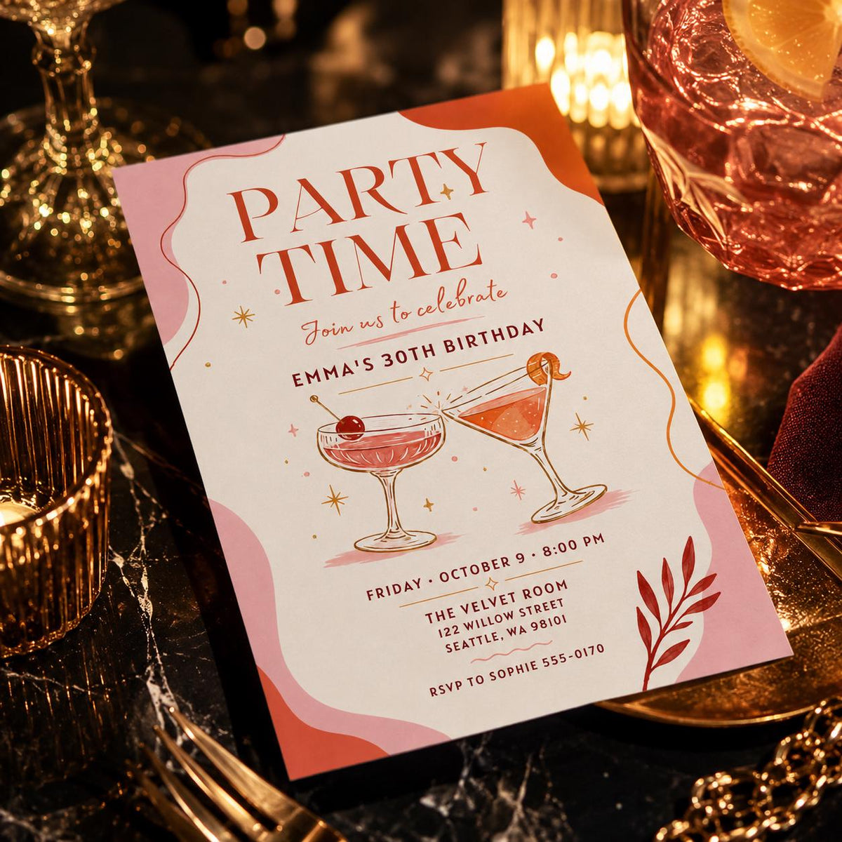 Pink Minimalist 30th Birthday Invitation: Cocktail Party for Her Modern Minimal — 30th birthday party stationery by VoltBy