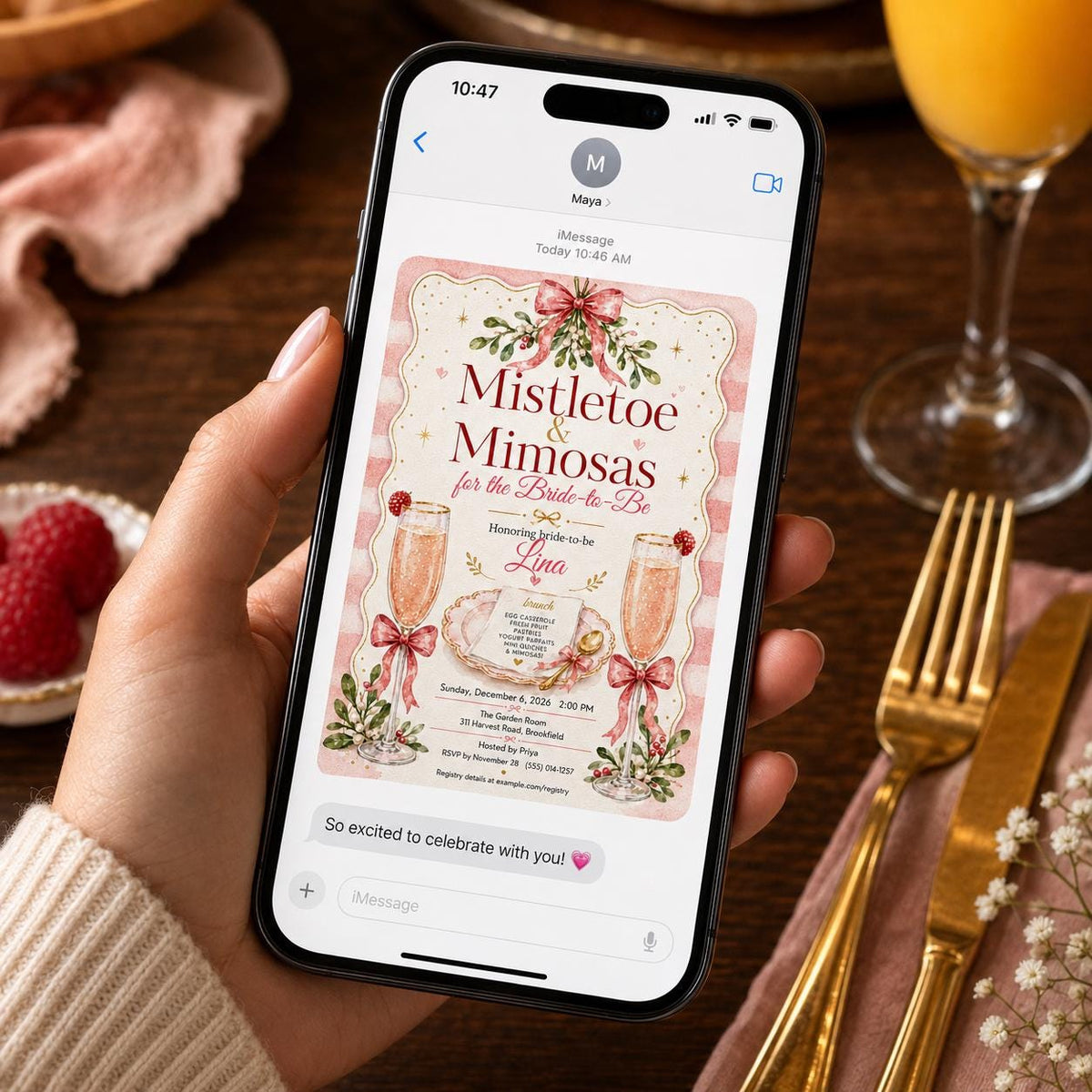 Pink Mistletoe and Mimosas Bridal Shower Invitation — invitation you personalize in Canva