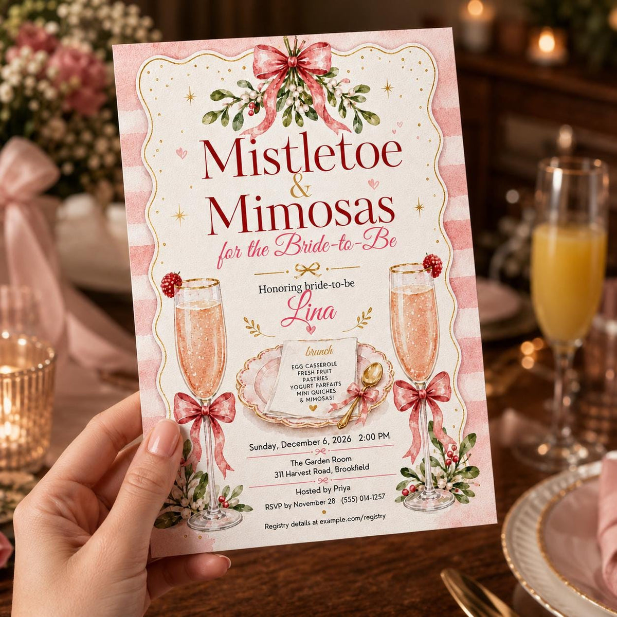 Pink Mistletoe and Mimosas Bridal Shower Invitation — print-ready bridal shower design from VoltBy