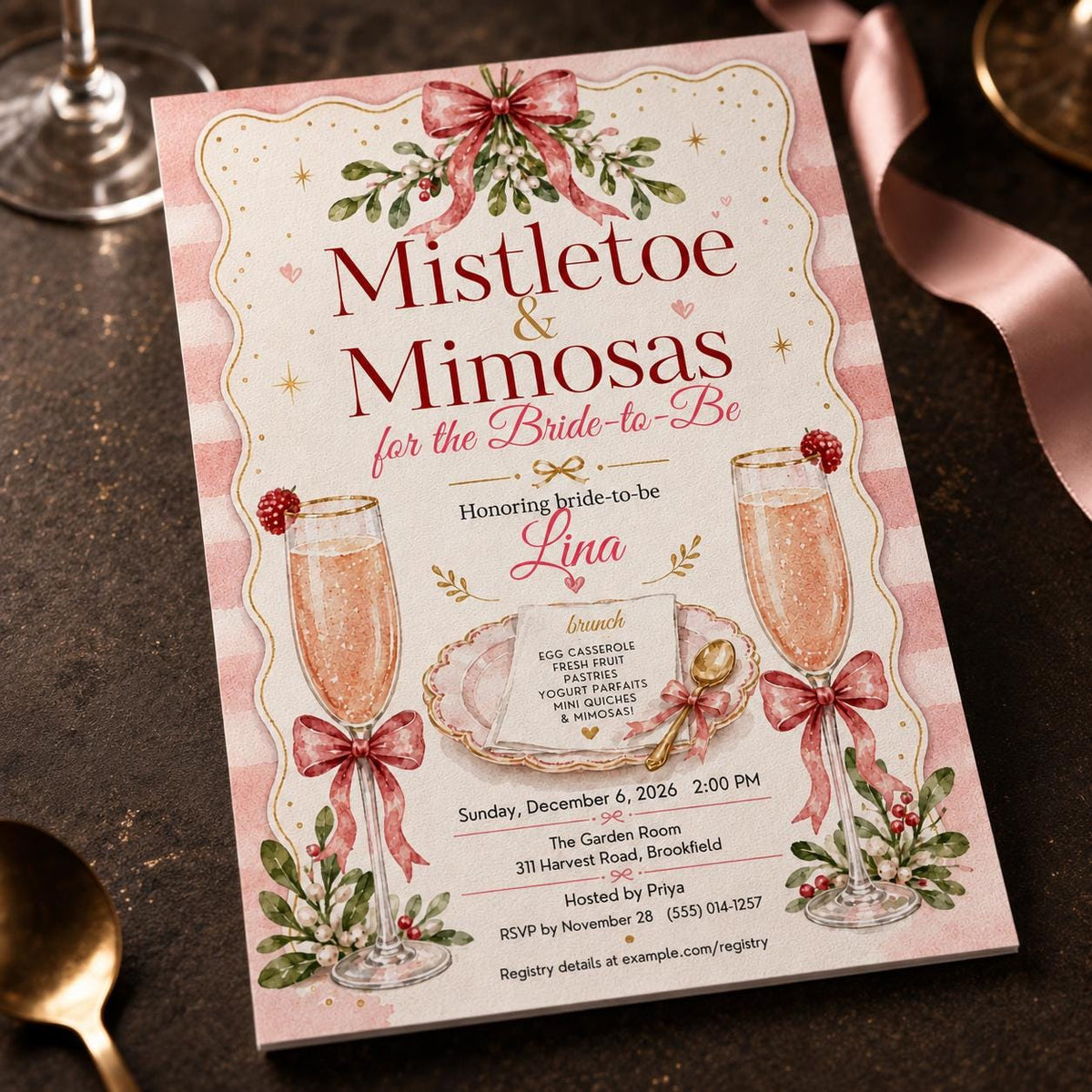 Pink Mistletoe and Mimosas Bridal Shower Invitation — bridal shower stationery by VoltBy