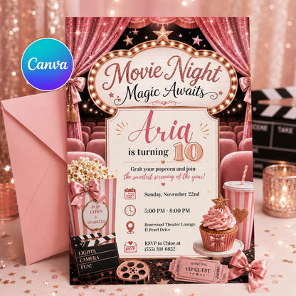 Pink Movie Night 10th Birthday Invitation for Girls — editable Canva template