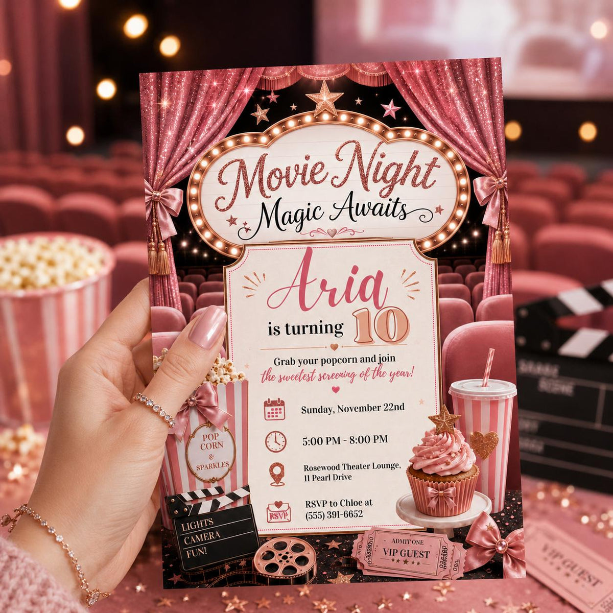 Pink Movie Night 10th Birthday Invitation for Girls — sleepover design