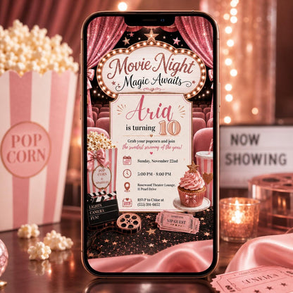 Pink Movie Night 10th Birthday Invitation for Girls — invitation you personalize in Canva
