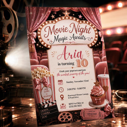 Pink Movie Night 10th Birthday Invitation for Girls — print-ready 10th birthday party design from VoltBy