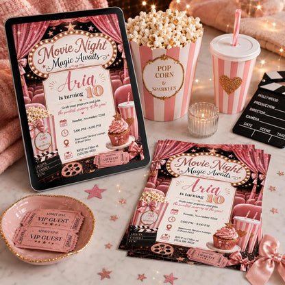 Pink Movie Night 10th Birthday Invitation for Girls — digital invitation, instant download