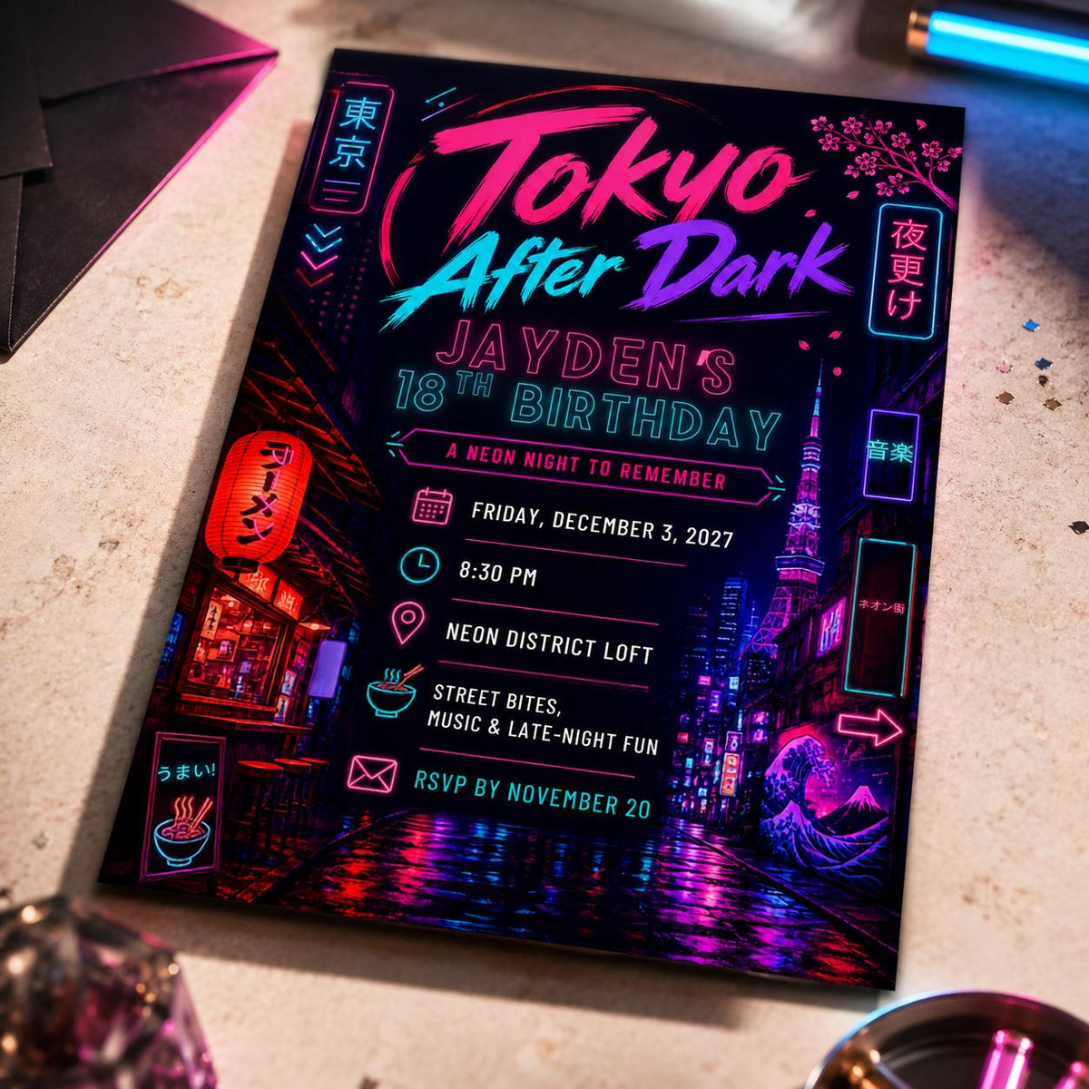 Pink Neon 18th Birthday Invitation — print-ready 18th birthday party design from VoltBy