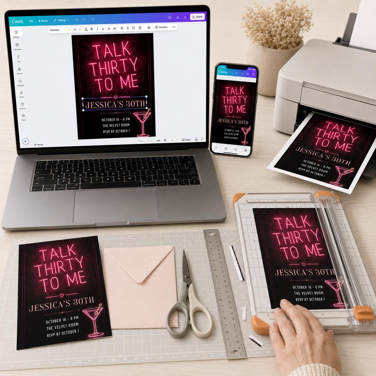 Pink Neon 30th Birthday Invitation — print-ready 30th birthday party design from VoltBy