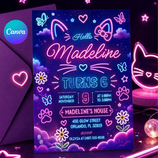 Pink Neon Cat Glow Party Invitation — editable Canva template