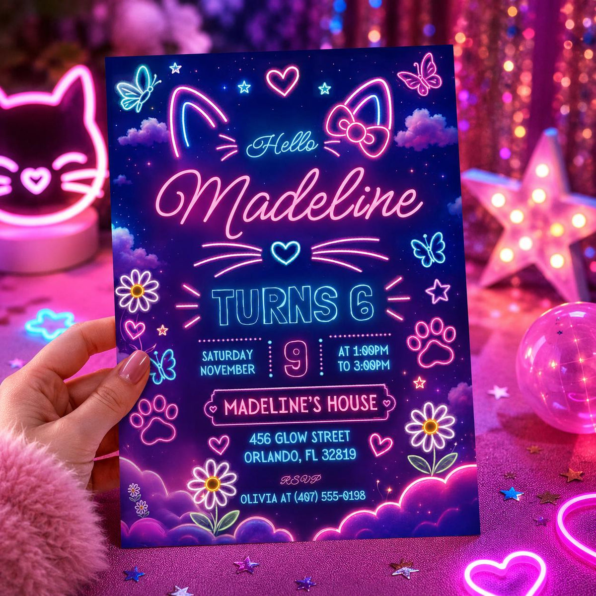 Pink Neon Cat Glow Party Invitation — invitation you personalize in Canva