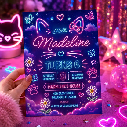 Pink Neon Cat Glow Party Invitation — invitation you personalize in Canva