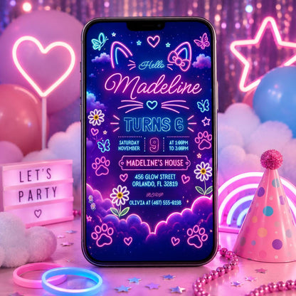 Pink Neon Cat Glow Party Invitation — print-ready birthday party design from VoltBy