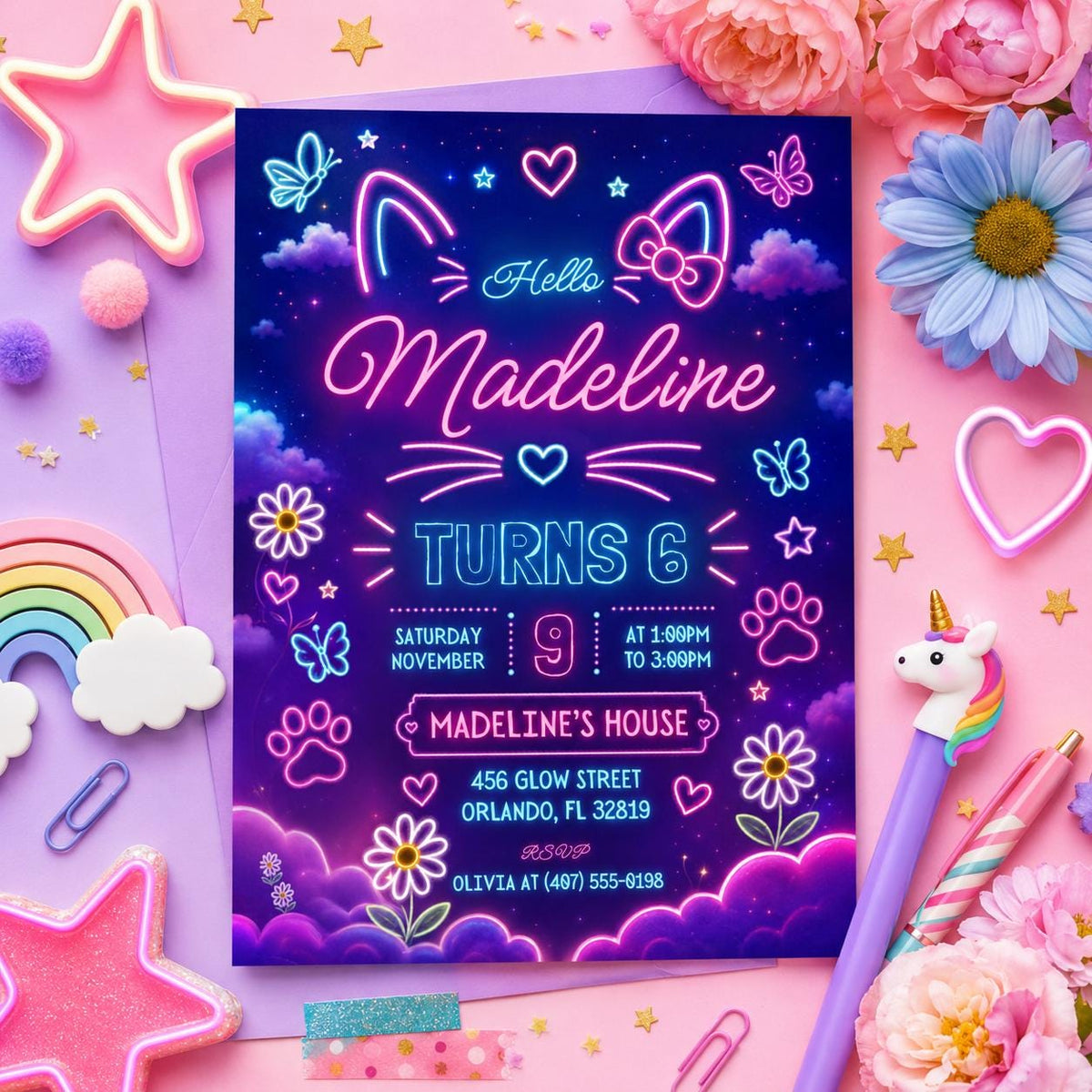 Pink Neon Cat Glow Party Invitation — digital invitation, instant download
