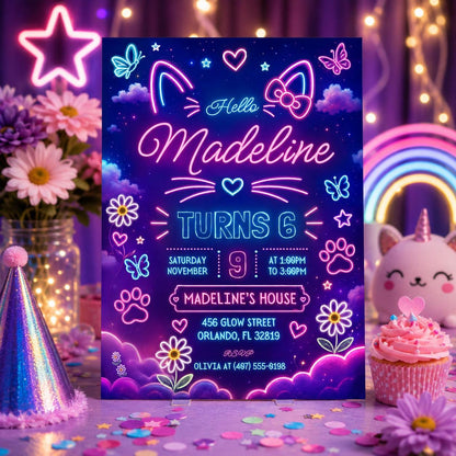 Pink Neon Cat Glow Party Invitation — birthday party stationery by VoltBy