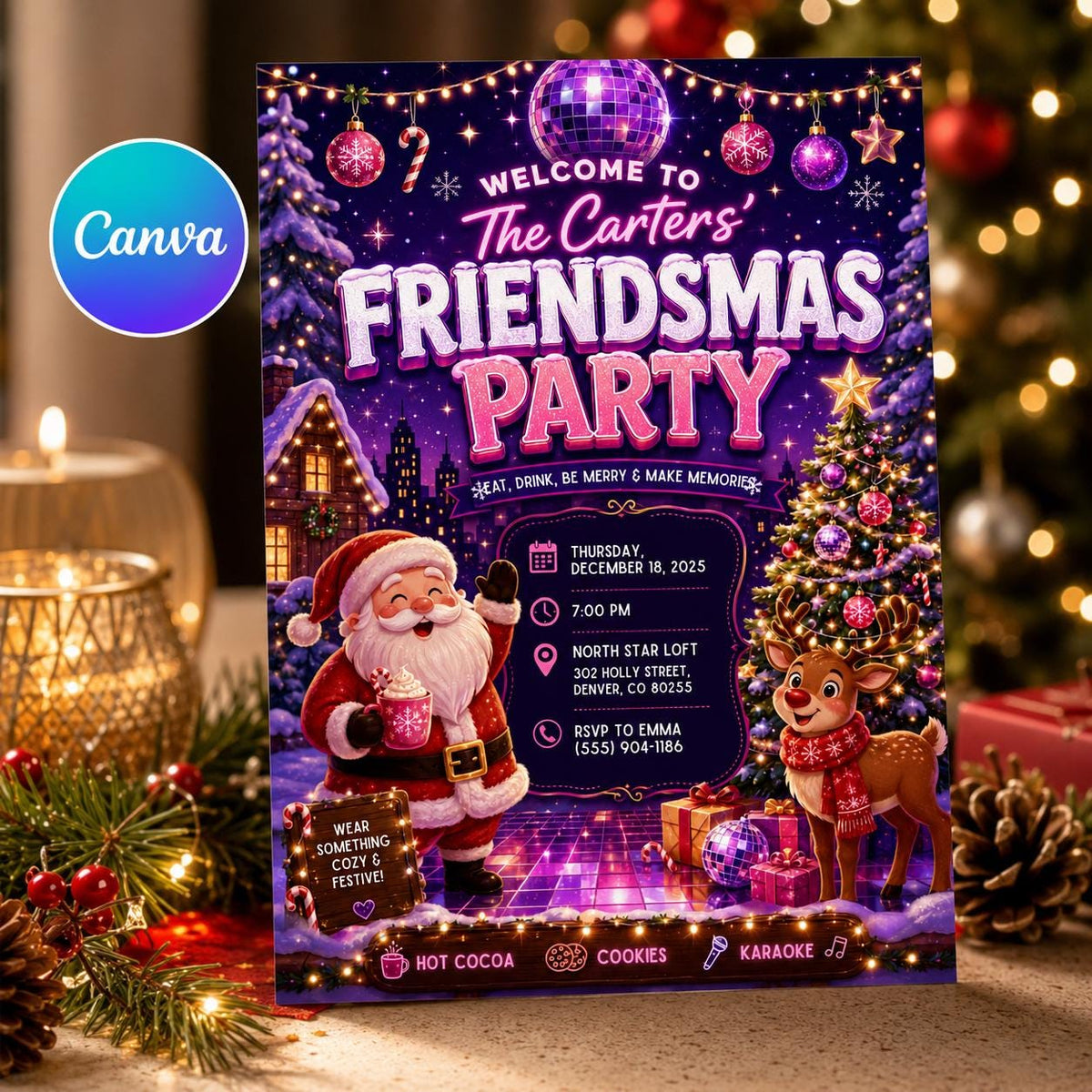 Pink Neon Friendsmas Party Invitation — editable Canva template