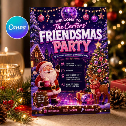 Pink Neon Friendsmas Party Invitation — editable Canva template
