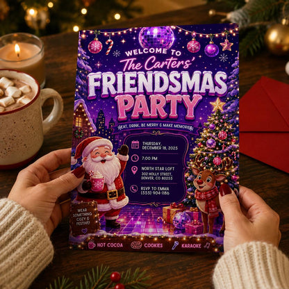 Pink Neon Friendsmas Party Invitation — invitation you personalize in Canva