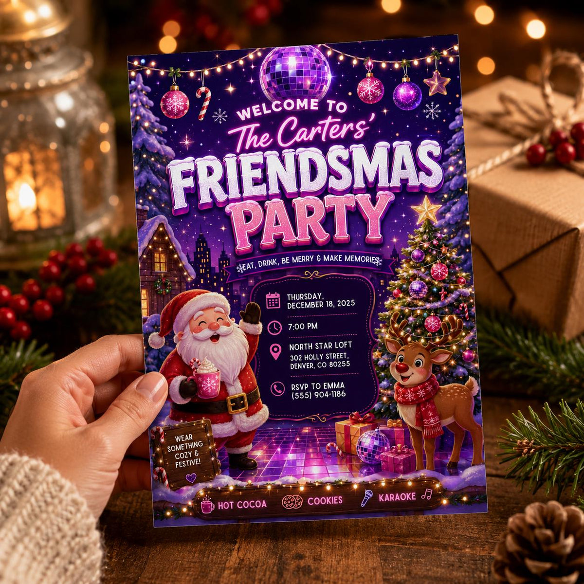 Pink Neon Friendsmas Party Invitation — print-ready Christmas celebration design from VoltBy