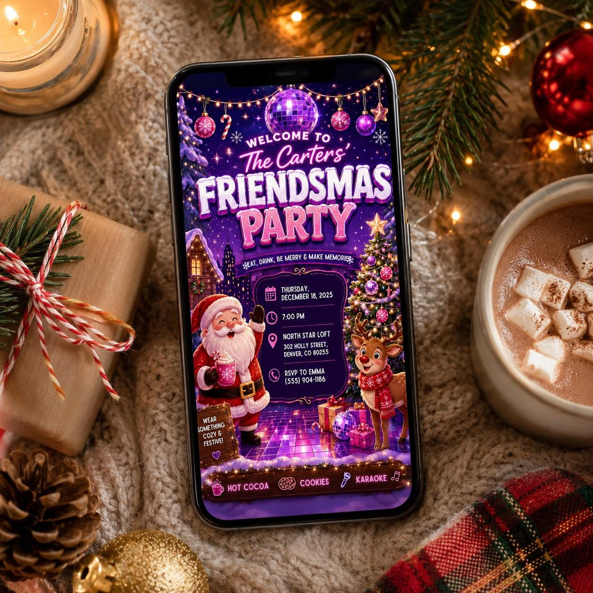 Pink Neon Friendsmas Party Invitation — digital invitation, instant download