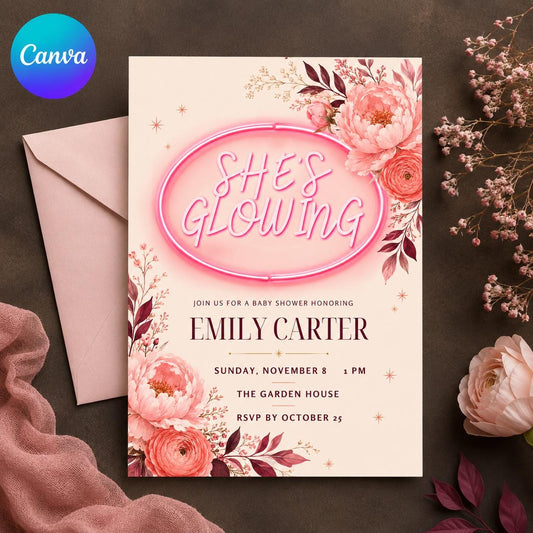 Pink Neon She's Glowing Baby Shower Invitation for Girls — editable Canva template