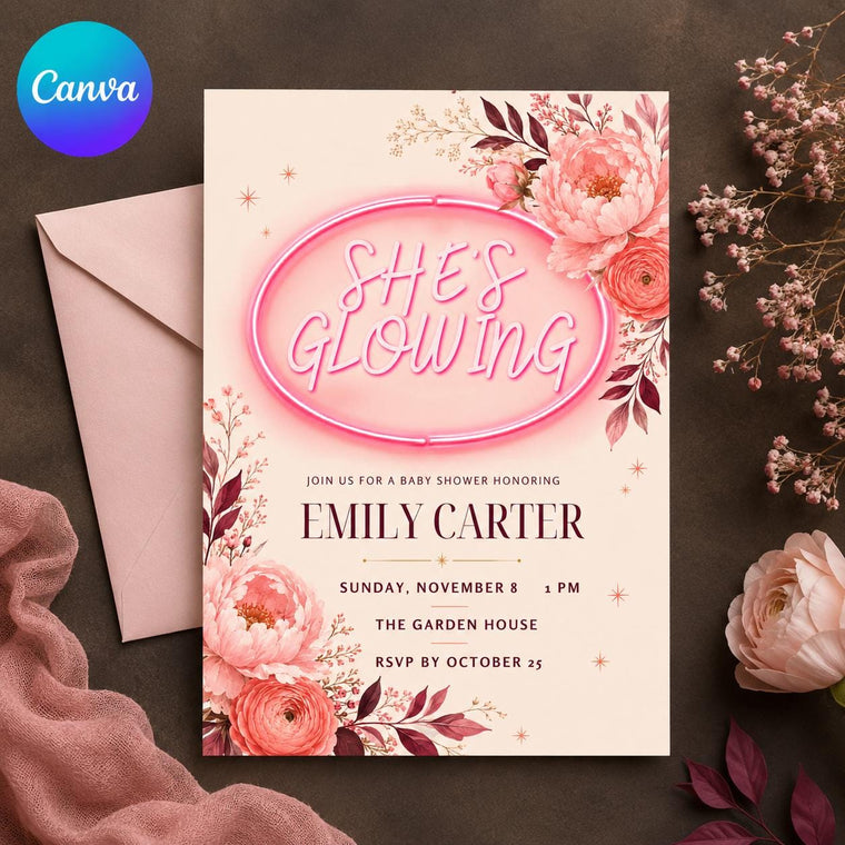 Pink Neon She's Glowing Baby Shower Invitation for Girls