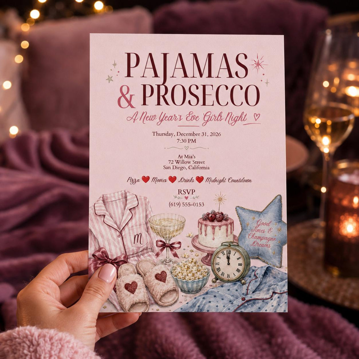 Pink New Years Eve Pajama Party Invitation for Girls — invitation you personalize in Canva