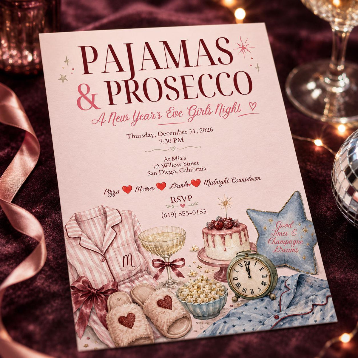 Pink New Years Eve Pajama Party Invitation for Girls — digital invitation, instant download