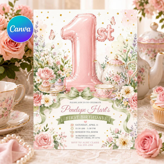 Pink Number One Floral Tea Party Birthday Invitation — editable Canva template