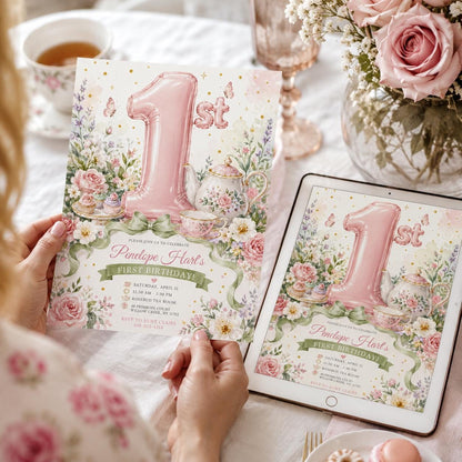Pink Number One Floral Tea Party Birthday Invitation in cream and green