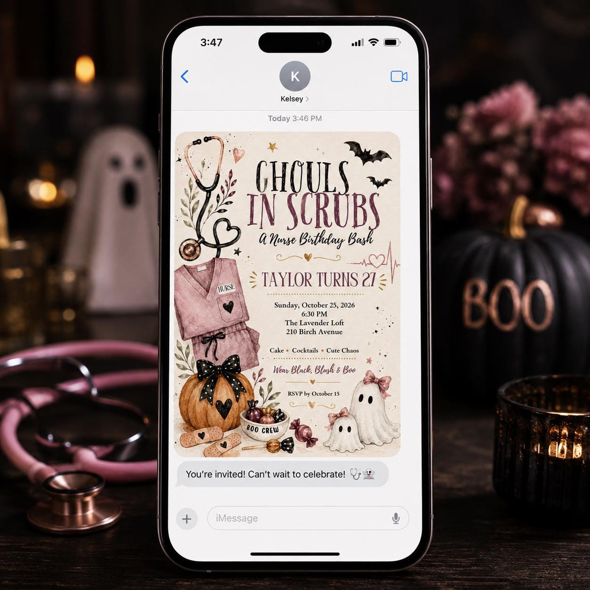 Pink Nurse Halloween 27th Birthday Invitation — invitation you personalize in Canva