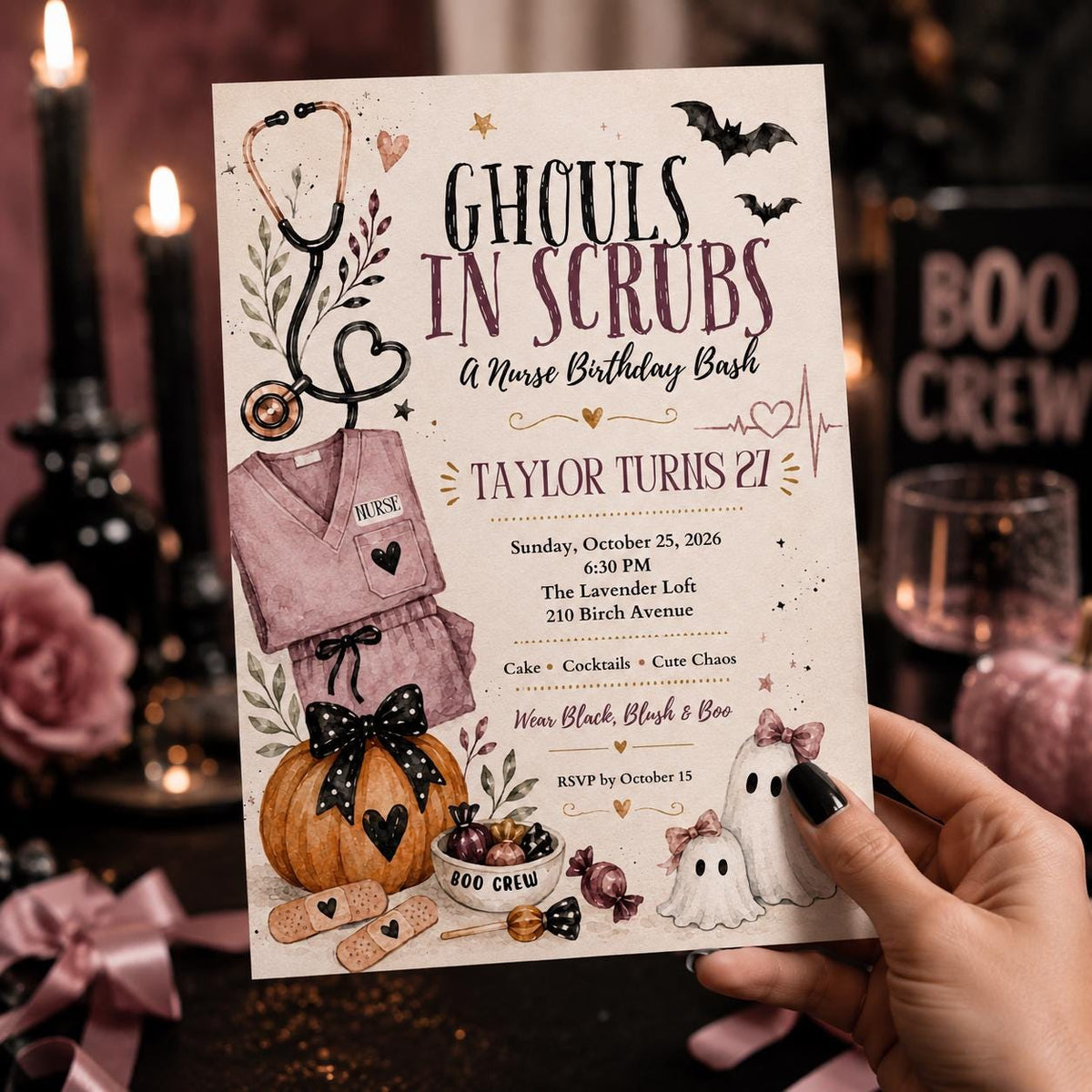 Pink Nurse Halloween 27th Birthday Invitation — print-ready 27th birthday party design from VoltBy
