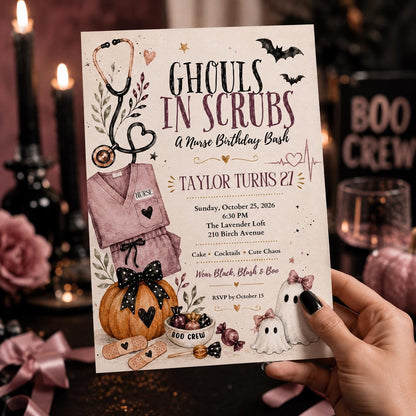 Pink Nurse Halloween 27th Birthday Invitation — print-ready 27th birthday party design from VoltBy