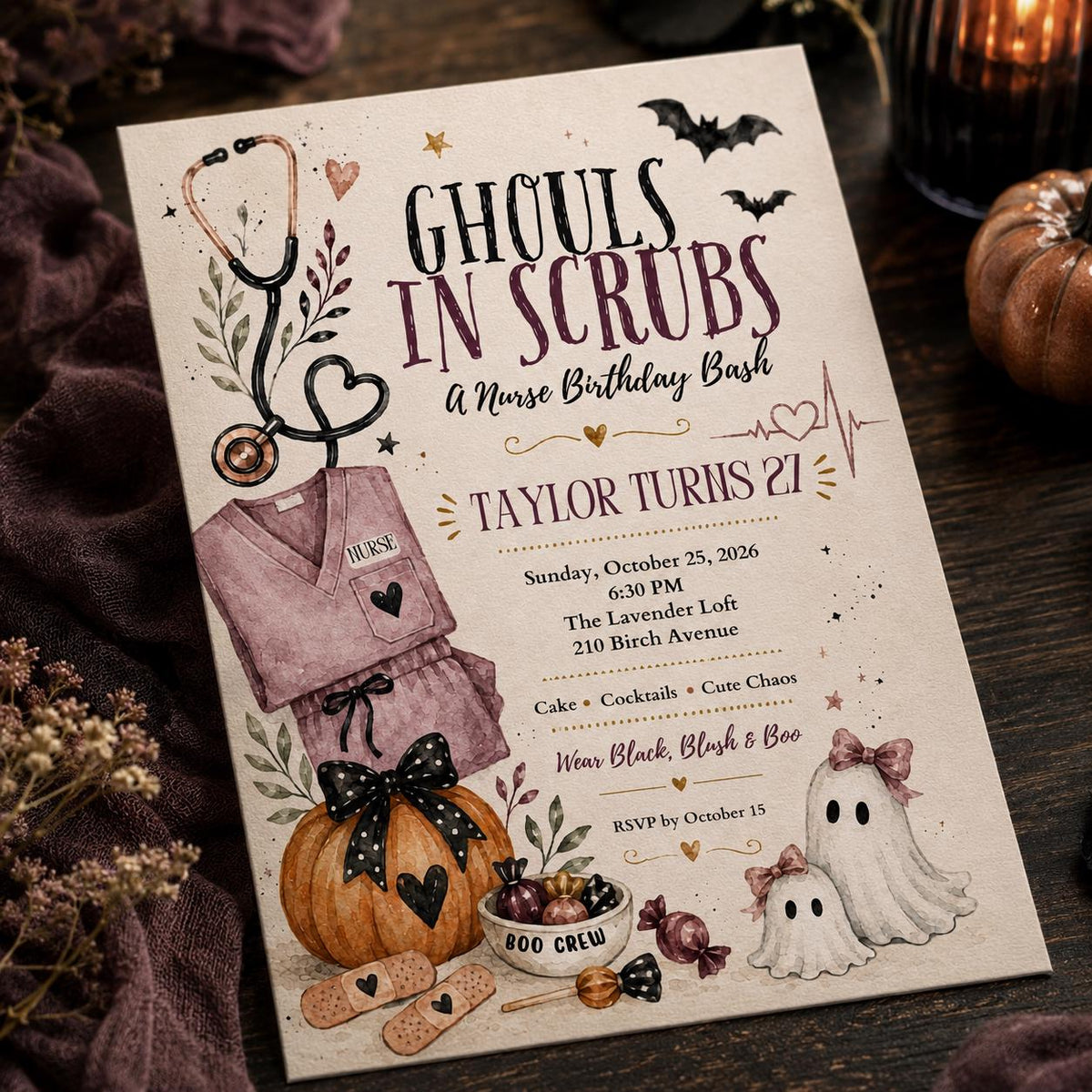 Pink Nurse Halloween 27th Birthday Invitation — 27th birthday party stationery by VoltBy