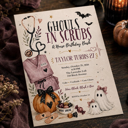 Pink Nurse Halloween 27th Birthday Invitation — 27th birthday party stationery by VoltBy