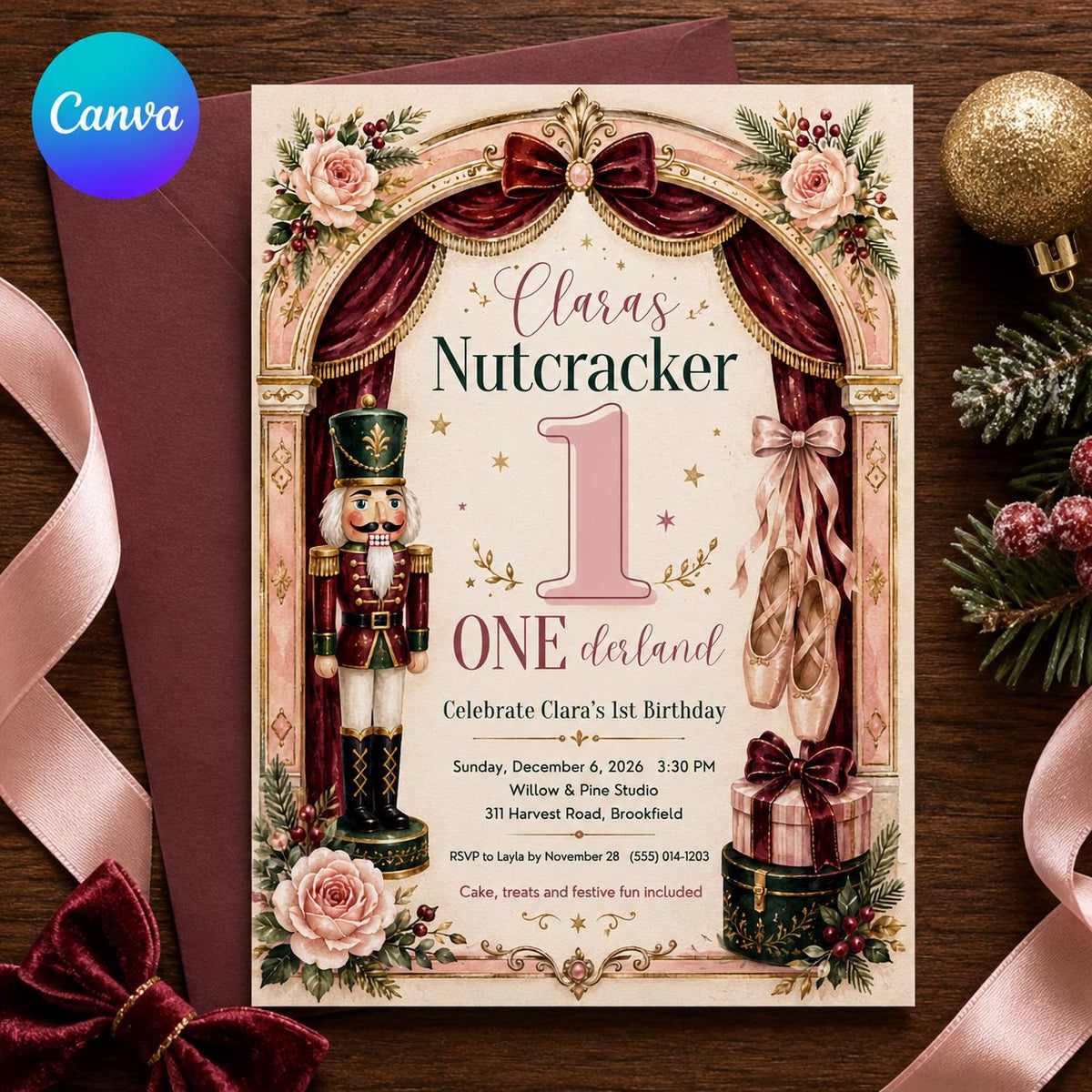 Pink Nutcracker 1st Birthday Invitation for Girls — editable Canva template