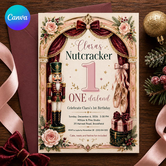 Pink Nutcracker 1st Birthday Invitation for Girls — editable Canva template
