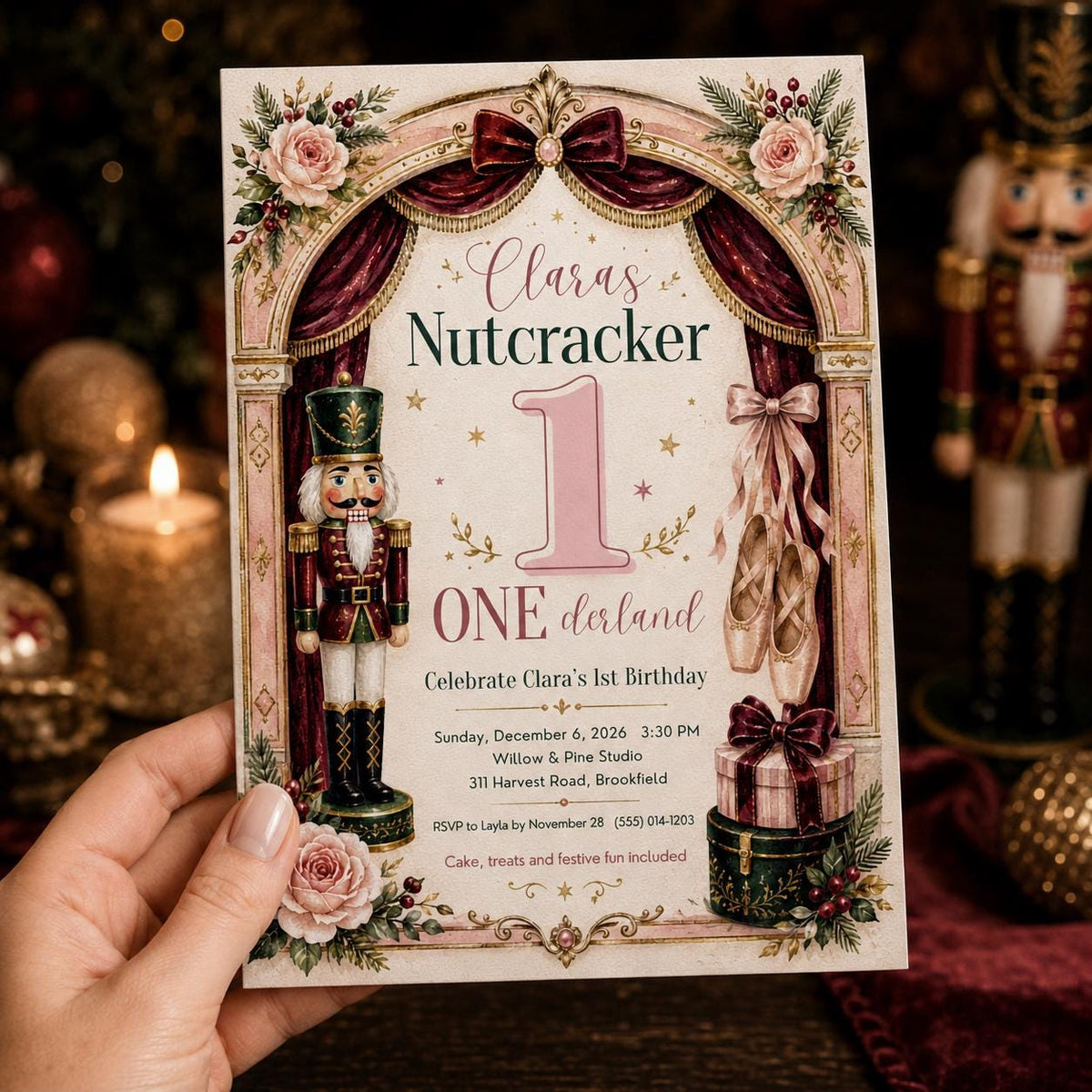 Pink Nutcracker 1st Birthday Invitation for Girls — invitation you personalize in Canva