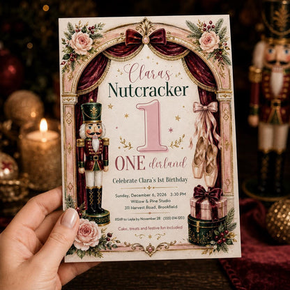 Pink Nutcracker 1st Birthday Invitation for Girls — invitation you personalize in Canva