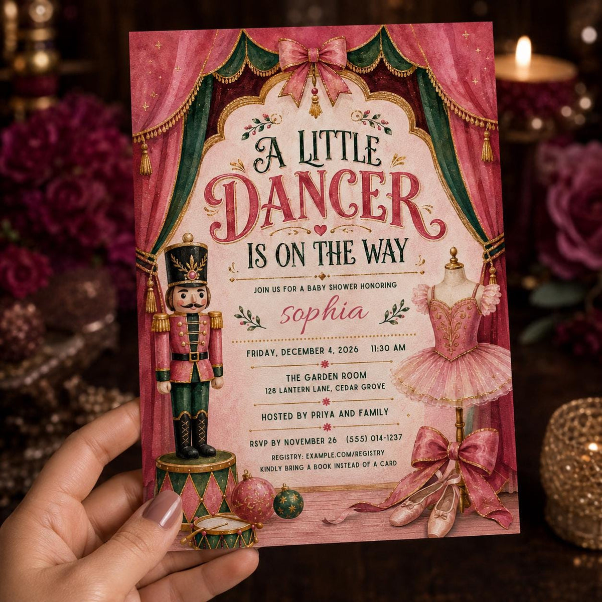 Pink Nutcracker Baby Shower Invitation — invitation you personalize in Canva