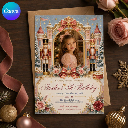 Pink 8th Birthday Invitation — editable Canva template